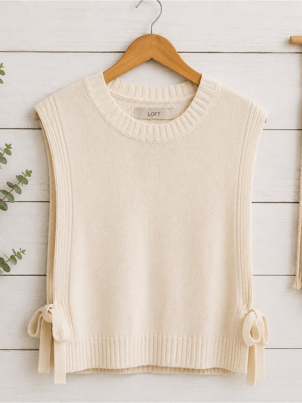 LOFT Cream Knit Sleeveless Crewneck Sweater Vest with Side Ties